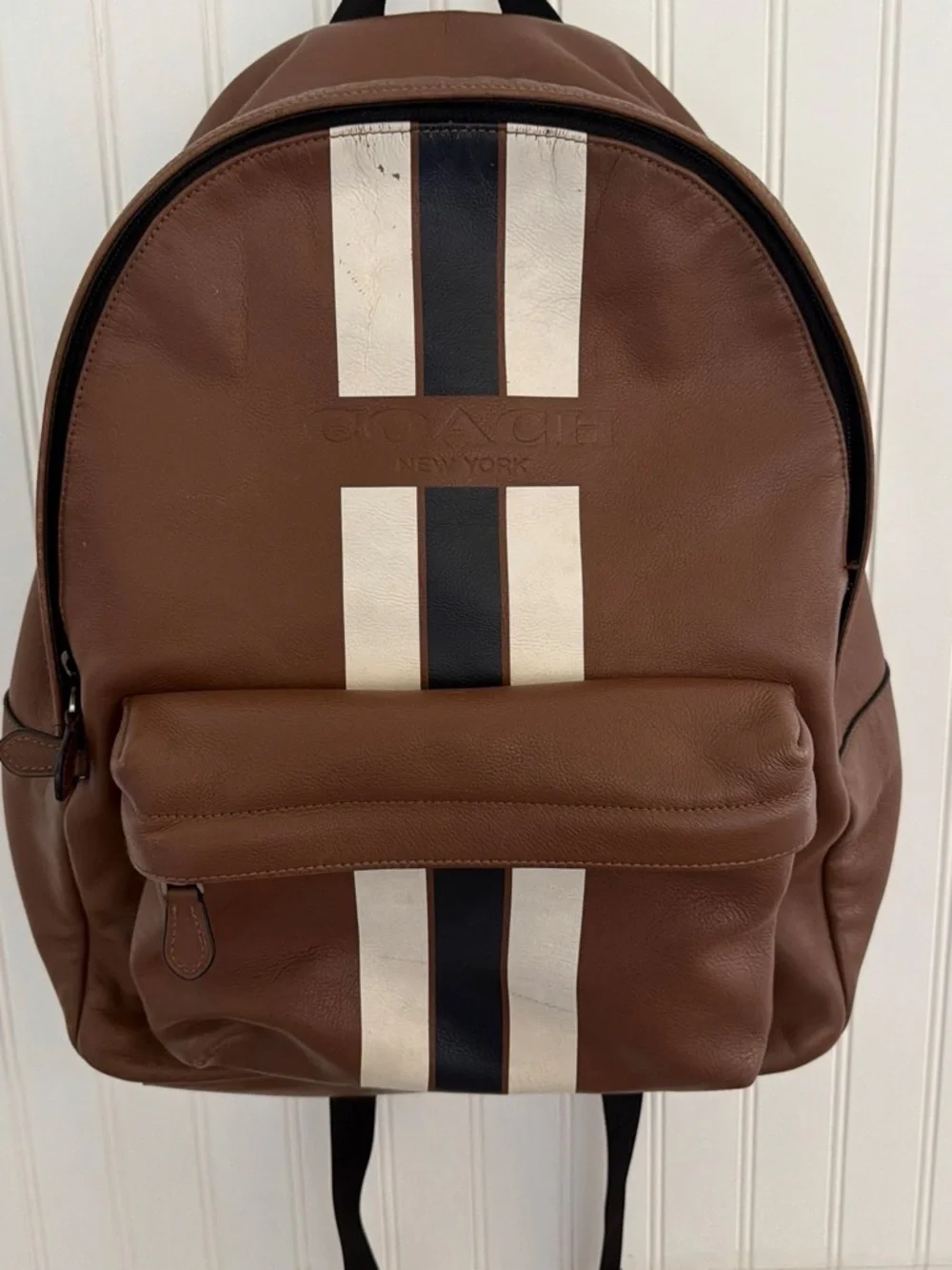 Coach - Brown Leather Backpack with White and Black Stripes